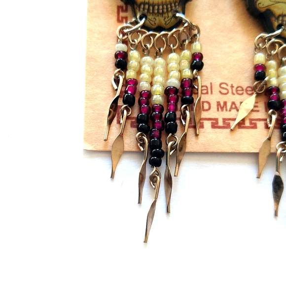 New Handcrafted Sugar Skull Day Of The Dead Beaded Earrings Surgical Steel Peru - Picture 3 of 4